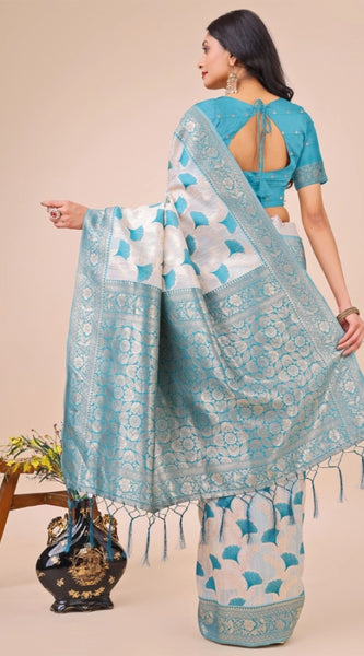 Mayawye Women's Linen Cotton Printed Saree With Unstitched Blouse 5.5Mtr (Teal)