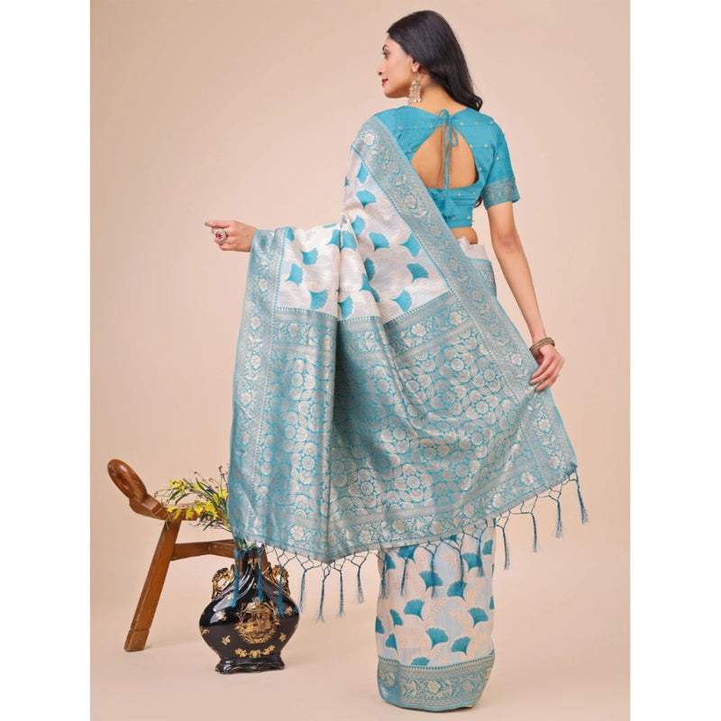 Mayawye Women's Linen Cotton Printed Saree With Unstitched Blouse 5.5Mtr (Teal)