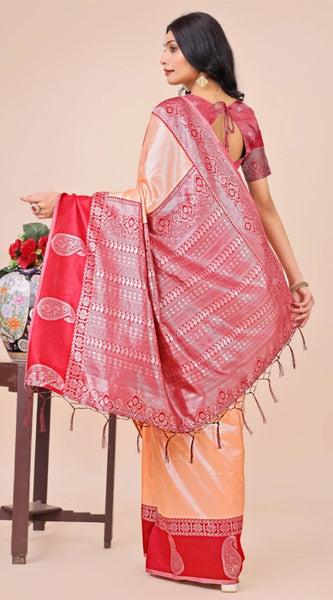 Mayawye Women's Lichi Silk Printed Saree With Unstitched Blouse 5.5Mtr (Peach)