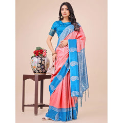 Mayawye Women's Lichi Silk Printed Saree With Unstitched Blouse 5.5Mtr (Peach)
