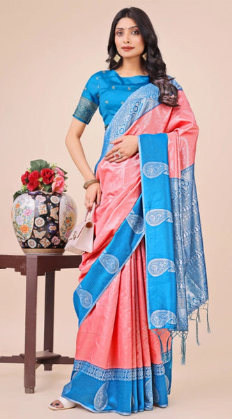 Mayawye Women's Lichi Silk Printed Saree With Unstitched Blouse 5.5Mtr (Peach)