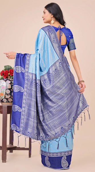 Mayawye Women's Lichi Silk Printed Saree With Unstitched Blouse 5.5Mtr (Sky Blue)