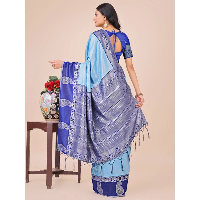 Mayawye Women's Lichi Silk Printed Saree With Unstitched Blouse 5.5Mtr (Sky Blue)