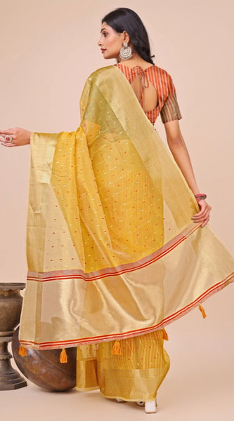 Mayawye Women's Organza Printed Saree With Unstitched Blouse 5.5Mtr (Yellow)