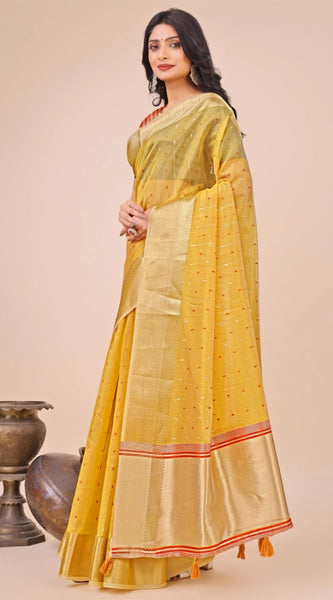 Mayawye Women's Organza Printed Saree With Unstitched Blouse 5.5Mtr (Yellow)