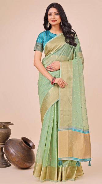 Mayawye Women's Organza Printed Saree With Unstitched Blouse 5.5Mtr (Green)