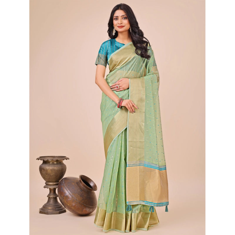 Mayawye Women's Organza Printed Saree With Unstitched Blouse 5.5Mtr (Green)
