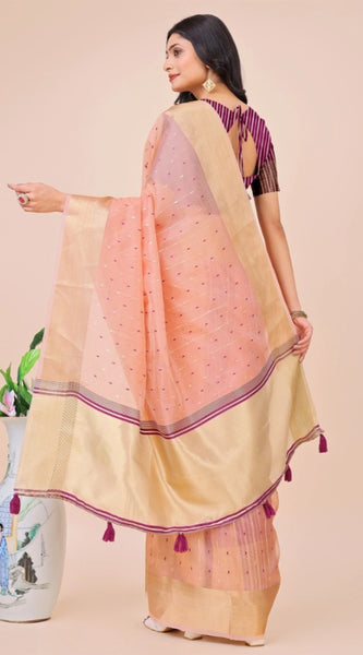Mayawye Women's Organza Printed Saree With Unstitched Blouse 5.5Mtr (Light Pink)