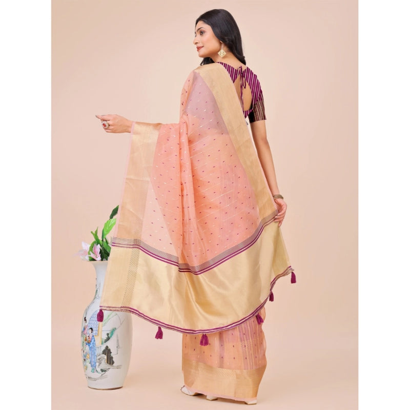 Mayawye Women's Organza Printed Saree With Unstitched Blouse 5.5Mtr (Light Pink)