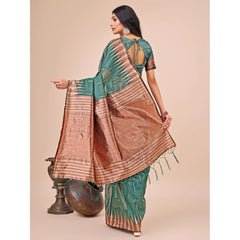 Mayawye Women's Linen Cotton Printed Saree With Unstitched Blouse 5.5Mtr (Green)