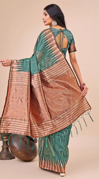 Mayawye Women's Linen Cotton Printed Saree With Unstitched Blouse 5.5Mtr (Green)