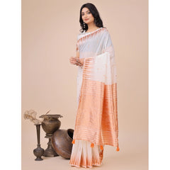 Mayawye Women's Linen Cotton Printed Saree With Unstitched Blouse 5.5Mtr (White)