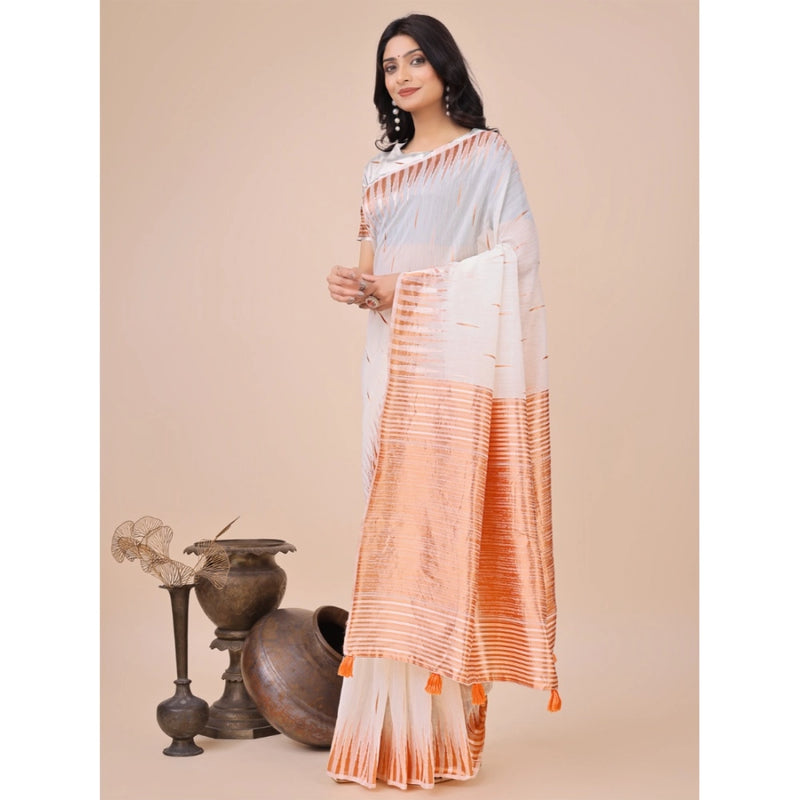 Mayawye Women's Linen Cotton Printed Saree With Unstitched Blouse 5.5Mtr (White)