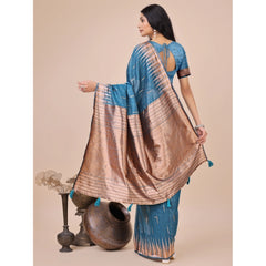 Mayawye Women's Linen Cotton Printed Saree With Unstitched Blouse 5.5Mtr (Blue)