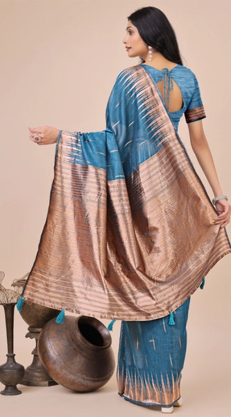 Mayawye Women's Linen Cotton Printed Saree With Unstitched Blouse 5.5Mtr (Blue)
