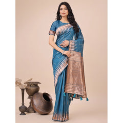 Mayawye Women's Linen Cotton Printed Saree With Unstitched Blouse 5.5Mtr (Blue)