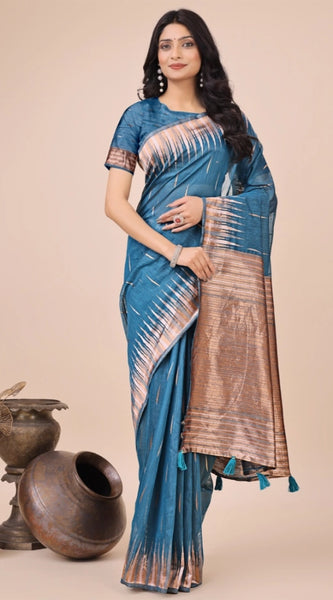 Mayawye Women's Linen Cotton Printed Saree With Unstitched Blouse 5.5Mtr (Blue)
