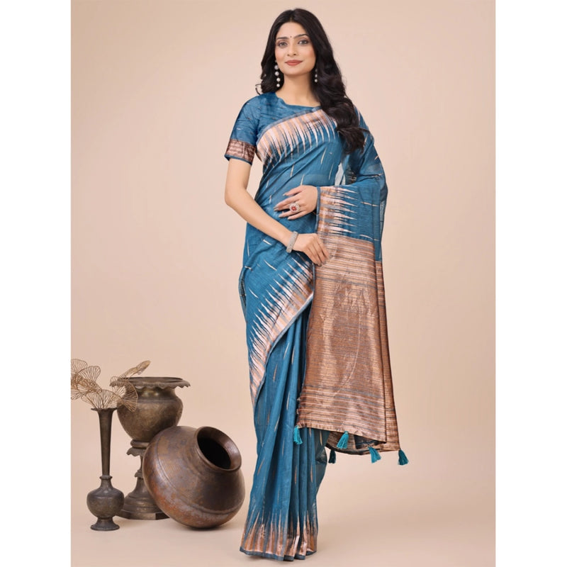 Mayawye Women's Linen Cotton Printed Saree With Unstitched Blouse 5.5Mtr (Blue)