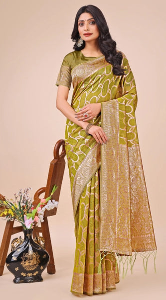 Mayawye Women's Linen Cotton Printed Saree With Unstitched Blouse 5.5Mtr (Olive Green)