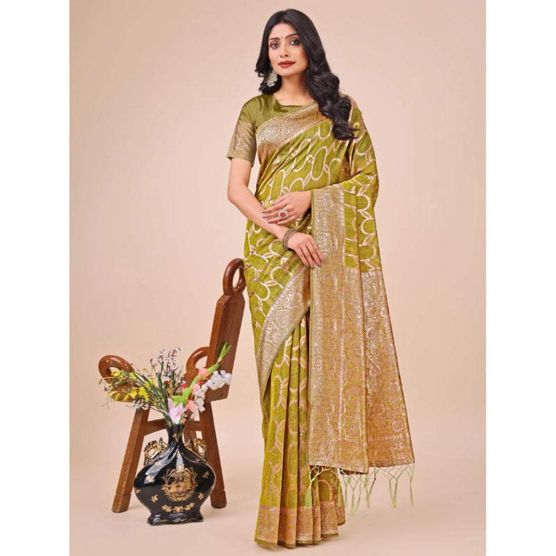 Mayawye Women's Linen Cotton Printed Saree With Unstitched Blouse 5.5Mtr (Olive Green)