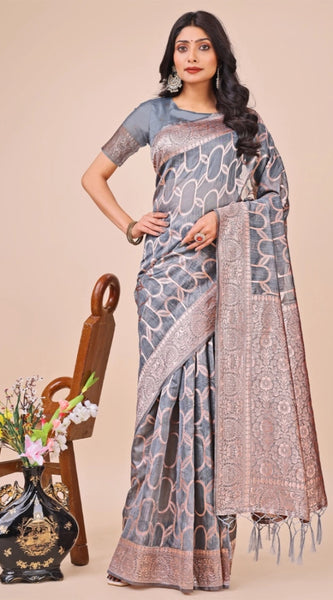 Mayawye Women's Linen Cotton Printed Saree With Unstitched Blouse 5.5Mtr (Grey)