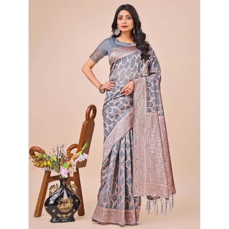 Mayawye Women's Linen Cotton Printed Saree With Unstitched Blouse 5.5Mtr (Grey)