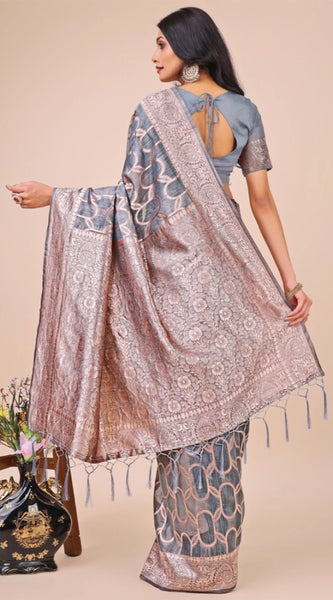 Mayawye Women's Linen Cotton Printed Saree With Unstitched Blouse 5.5Mtr (Grey)