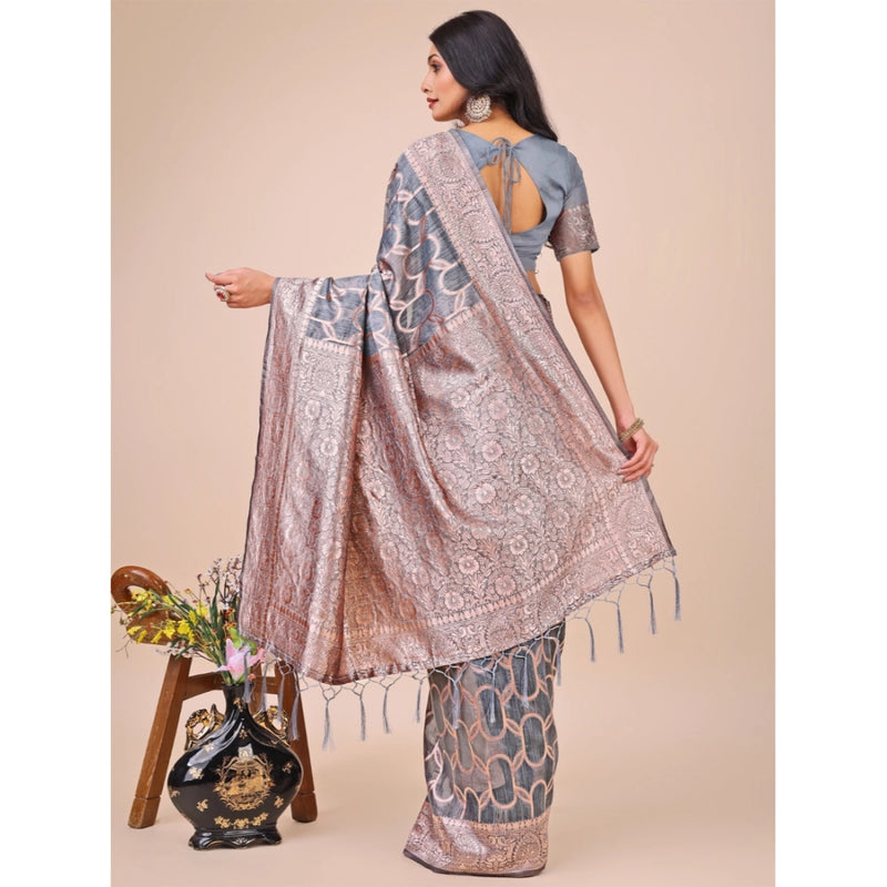 Mayawye Women's Linen Cotton Printed Saree With Unstitched Blouse 5.5Mtr (Grey)
