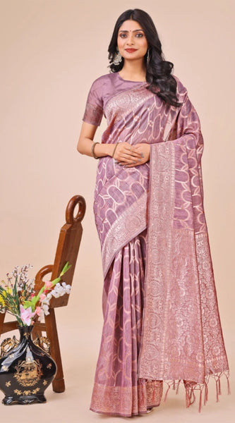 Mayawye Women's Linen Cotton Printed Saree With Unstitched Blouse 5.5Mtr (Purple)