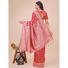 Mayawye Women's Linen Cotton Printed Saree With Unstitched Blouse 5.5Mtr (Red)