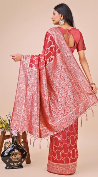 Mayawye Women's Linen Cotton Printed Saree With Unstitched Blouse 5.5Mtr (Red)