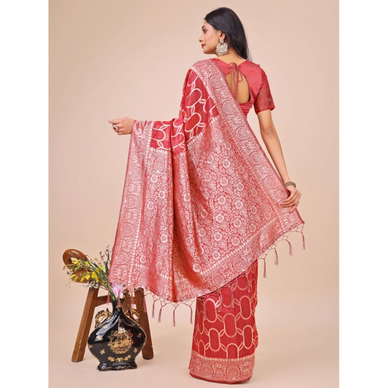Mayawye Women's Linen Cotton Printed Saree With Unstitched Blouse 5.5Mtr (Red)
