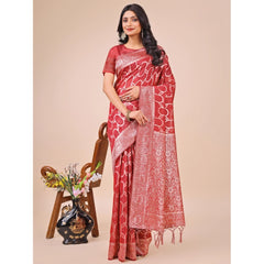 Mayawye Women's Linen Cotton Printed Saree With Unstitched Blouse 5.5Mtr (Red)