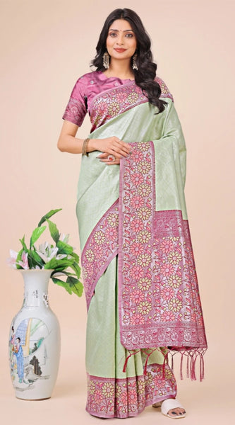 Mayawye Women's Lichi Silk Printed Saree With Unstitched Blouse 5.5Mtr (Olive Green)