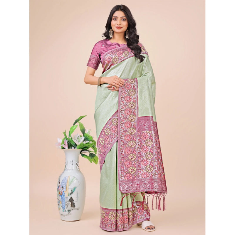 Mayawye Women's Lichi Silk Printed Saree With Unstitched Blouse 5.5Mtr (Olive Green)