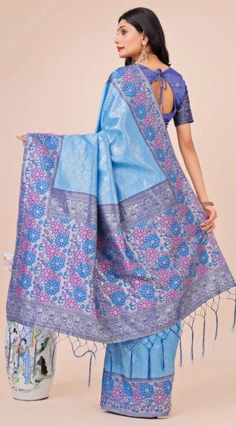 Mayawye Women's Lichi Silk Printed Saree With Unstitched Blouse 5.5Mtr (Sky Blue)