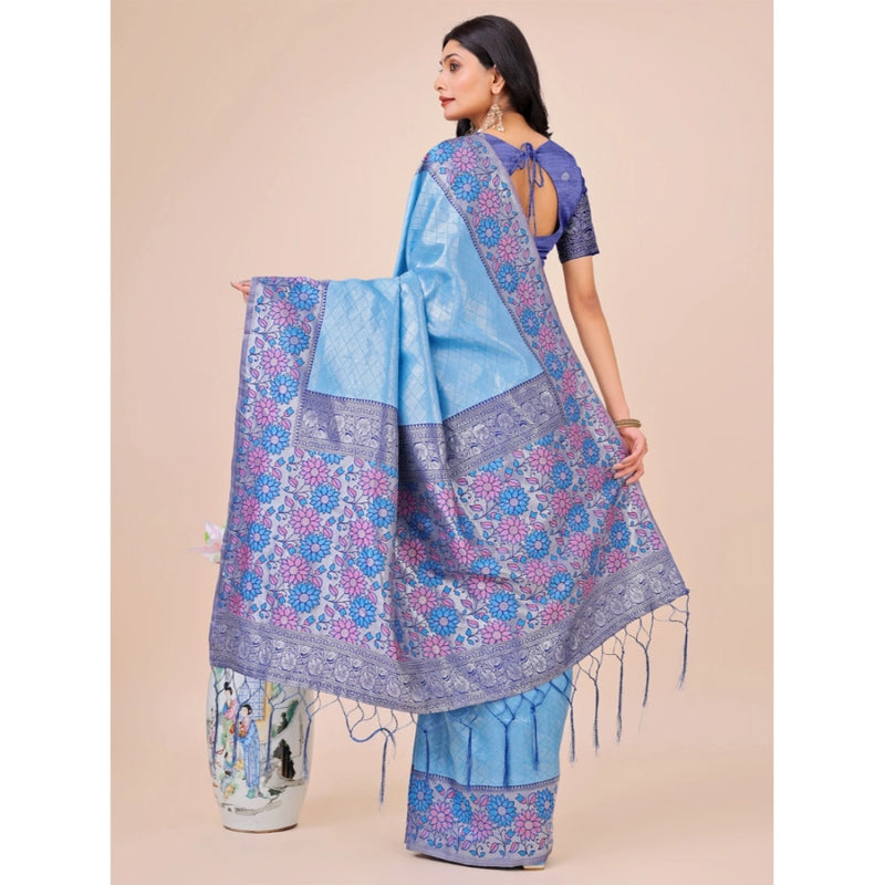 Mayawye Women's Lichi Silk Printed Saree With Unstitched Blouse 5.5Mtr (Sky Blue)