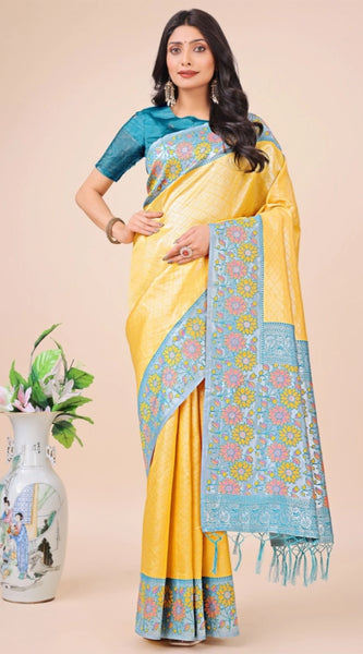 Mayawye Women's Lichi Silk Printed Saree With Unstitched Blouse 5.5Mtr (Yellow)