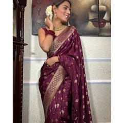 Mayawye Women's Silk Printed Saree With Unstitched Blouse 5.5Mtr (Wine)