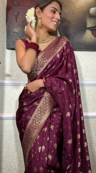 Mayawye Women's Silk Printed Saree With Unstitched Blouse 5.5Mtr (Wine)