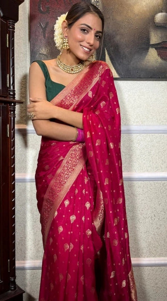 Mayawye Women's Silk Printed Saree With Unstitched Blouse 5.5Mtr (Rani Pink)