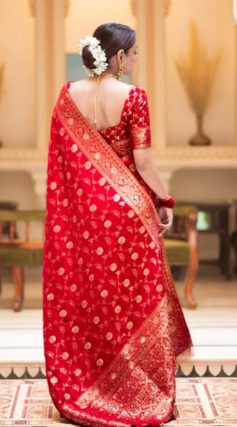 Mayawye Women's Silk Printed Saree With Unstitched Blouse 5.5Mtr (Red)