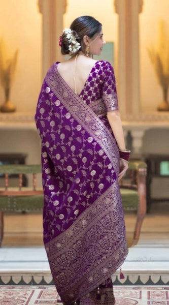 Mayawye Women's Silk Printed Saree With Unstitched Blouse 5.5Mtr (Purple)