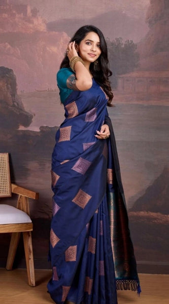Mayawye Women's Silk Printed Saree With Unstitched Blouse 5.5Mtr (Navy Blue)