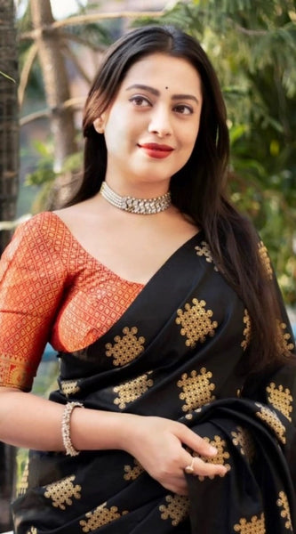 Mayawye Women's Silk Printed Saree With Unstitched Blouse 5.5Mtr (Blacl-Orange)