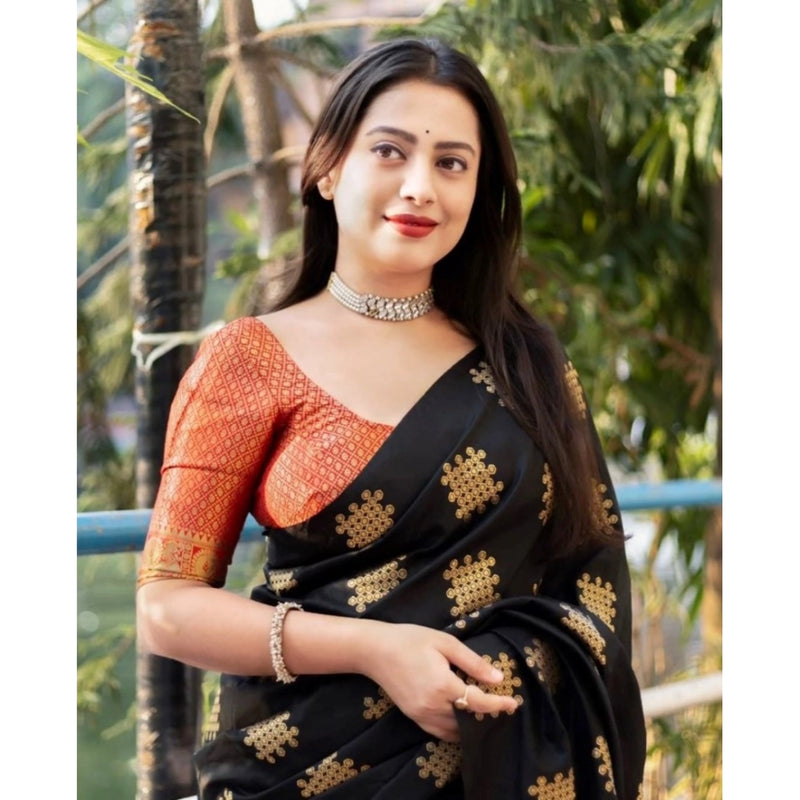 Mayawye Women's Silk Printed Saree With Unstitched Blouse 5.5Mtr (Blacl-Orange)
