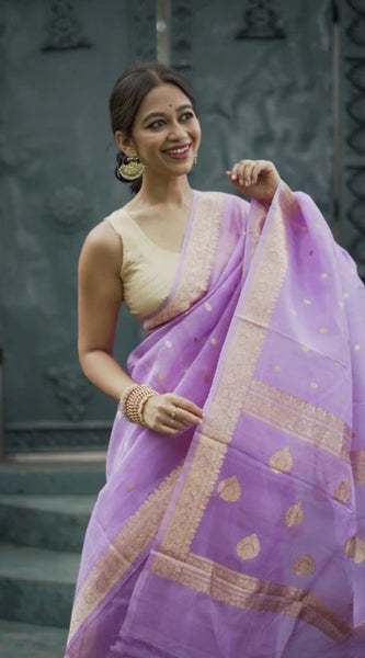 Mayawye Women's Cotton  Printed Saree With Unstitched Blouse 5.5Mtr (Lavender)