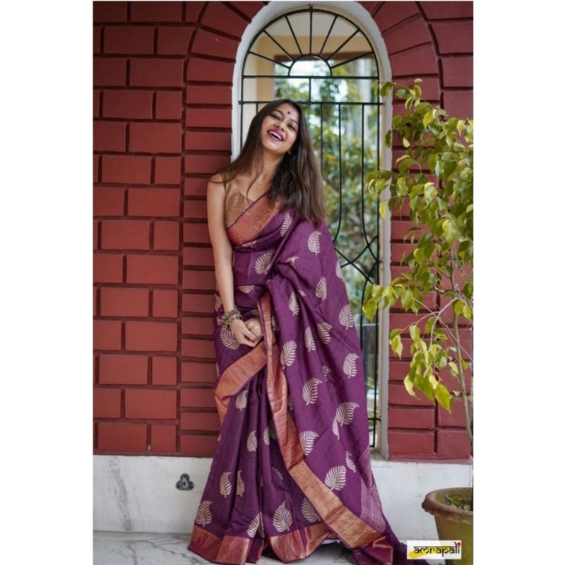 Mayawye Women's Silk Printed Saree With Unstitched Blouse 5.5Mtr (Purple)