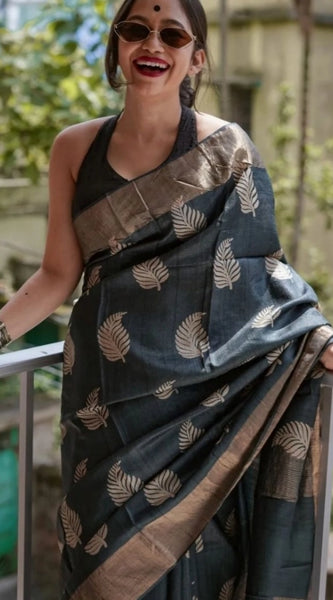 Mayawye Women's Silk Printed Saree With Unstitched Blouse 5.5Mtr (Black)
