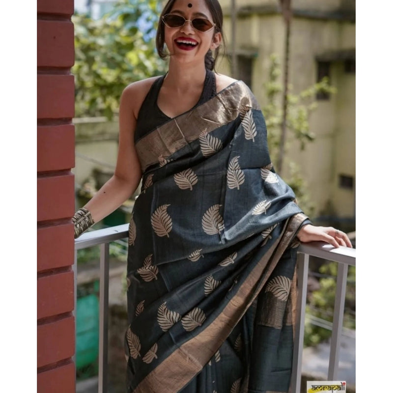 Mayawye Women's Silk Printed Saree With Unstitched Blouse 5.5Mtr (Black)